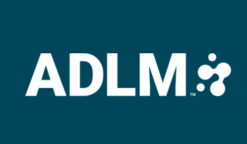 Logo of ADLM (Association for Diagnostics & Laboratory Medicine) on a teal background, featuring a molecular design element.