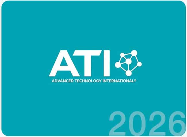 ATI logo on teal background with the text 'ADVANCED TECHNOLOGY INTERNATIONAL' and a molecular icon, plus a faded '2026' in the bottom right.